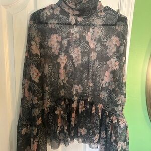 Zara Black Sheer Blouse with Pink Floral Print